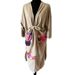 Dqmane Tan Cotton Duster Cardigan Beaded Fringe Rhinestone‎ Abstract Boho M/L